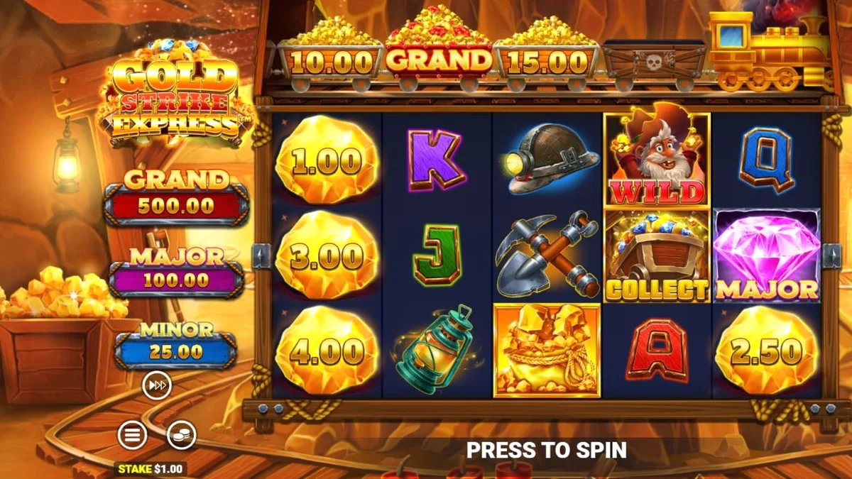 Tampilan visual slot Gold Strike Express dengan tema kereta api tambang dan emas.